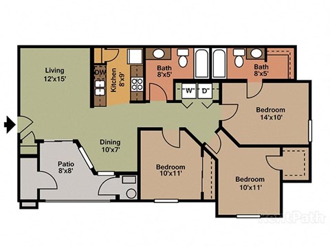 Floor plan for 3 beds, 2 baths, 1014 sqft